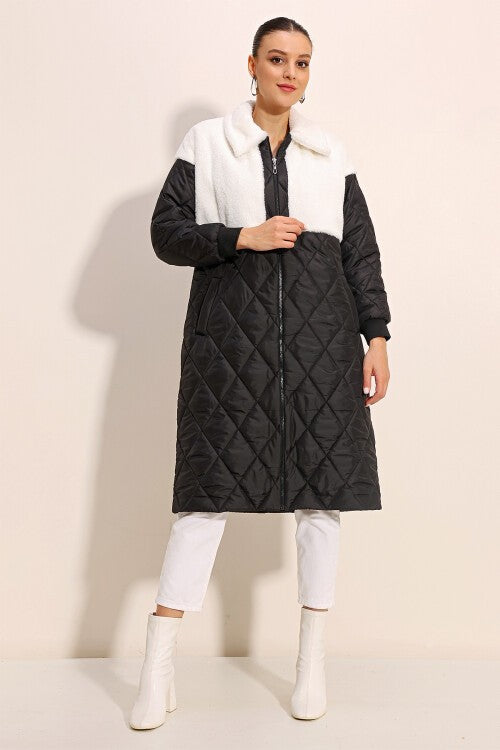 Uzun Oversize Şişme Mont - Beyaz 5185