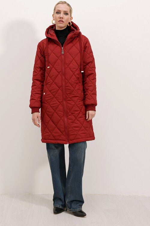 Kapitone Uzun Şişme Mont - Bordo 5138