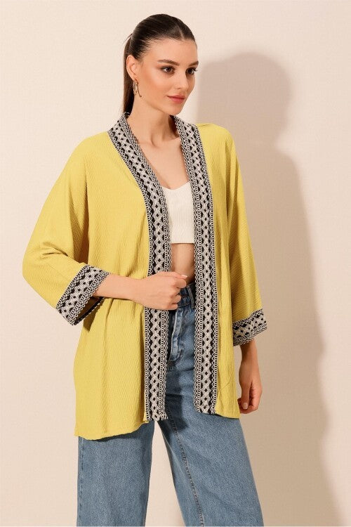 Nakışlı Örme Kimono - A.Sarı 5866