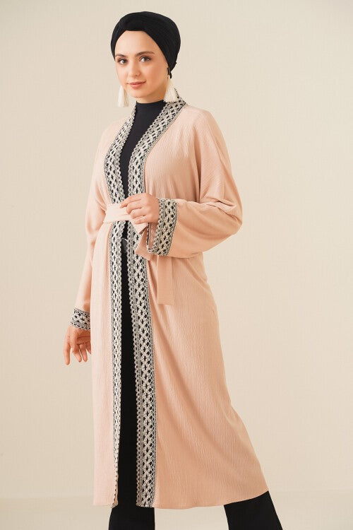 Nakışlı Örme Uzun Kimono - Bisküvi 5865