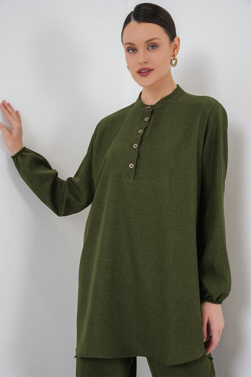 Keten Tunik Pantolon İkili Takım - Haki 6678