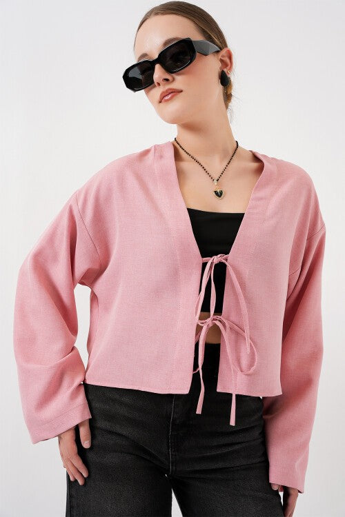 Önü Bağlamalı Keten Kimono 960 - Pudra