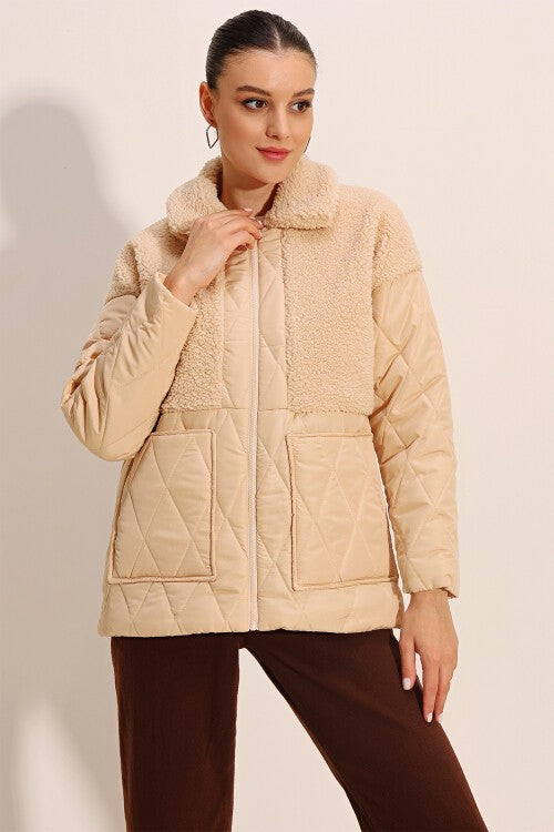 Peluş Detaylı Oversize Şişme Mont - Bej 5182