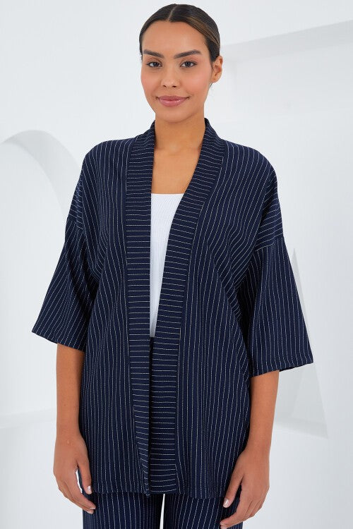 Kadın Çizgili Kimono İkili Takım - Lacivert 6661