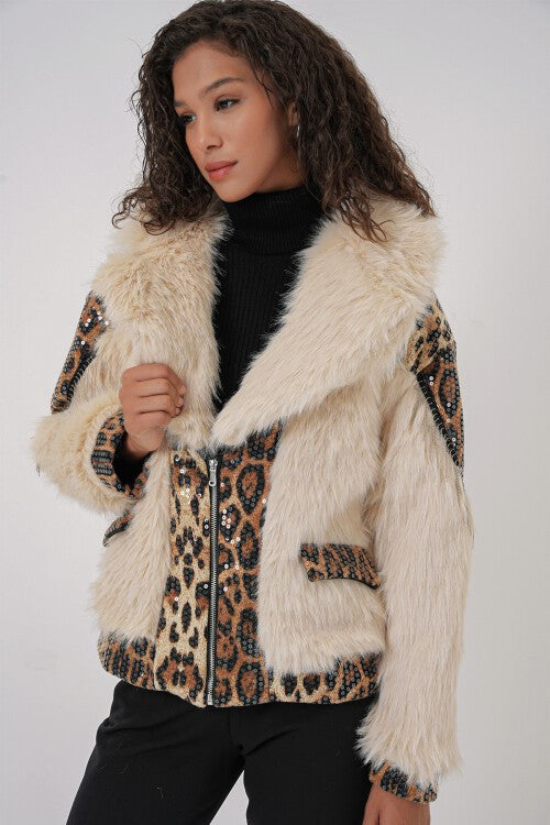 Peluş Kürk Mont - Krem 5209