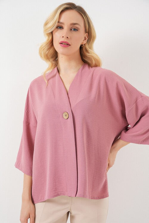 Kadın Kısa Kol Oversize Kimono 5969 - Gül Kurusu