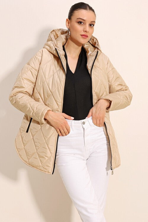 Kapüşonlu Kapitone Mont - Bej 5181