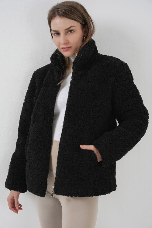 Astarlı Peluş Mont - Siyah 5178