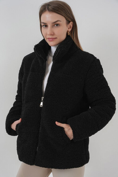 Astarlı Peluş Mont - Siyah 5178