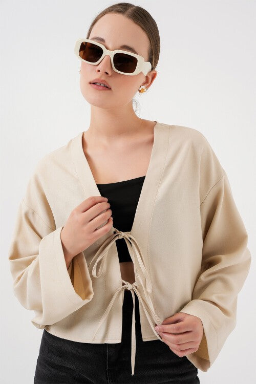 Önü Bağlamalı Keten Kimono 960 - Krem
