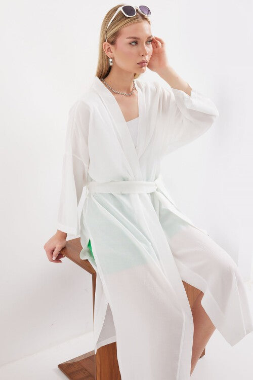 Yırtmaçlı Yazlık Kimono - Beyaz 5835