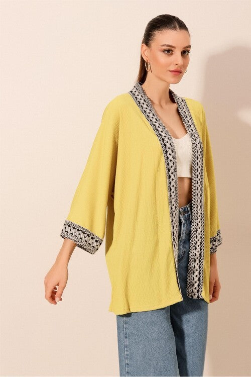 Nakışlı Örme Kimono - A.Sarı 5866
