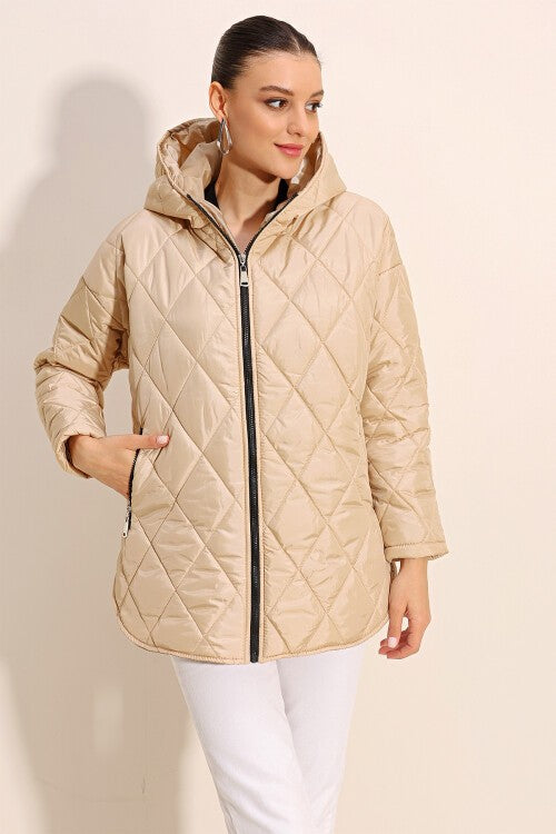 Kapüşonlu Kapitone Mont - Bej 5181