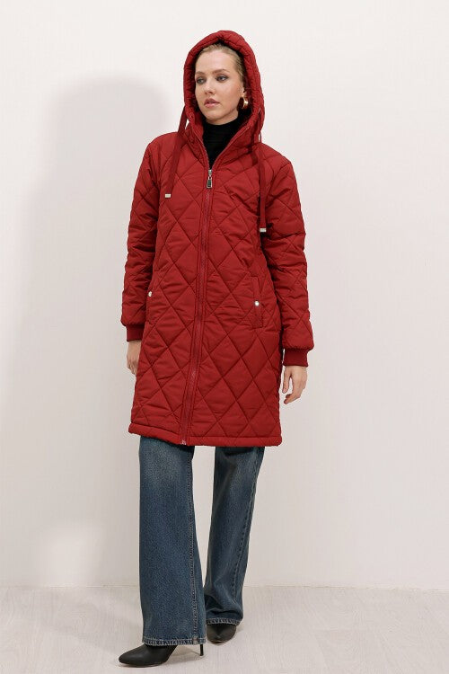 Kapitone Uzun Şişme Mont - Bordo 5138