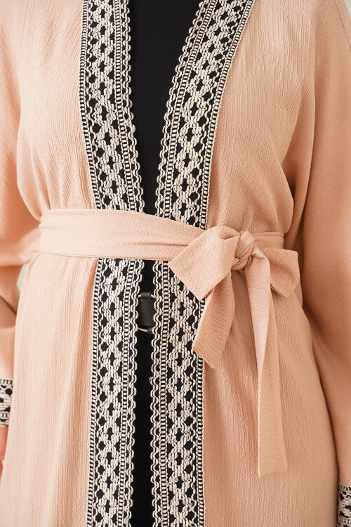 Nakışlı Örme Uzun Kimono - Bisküvi 5865