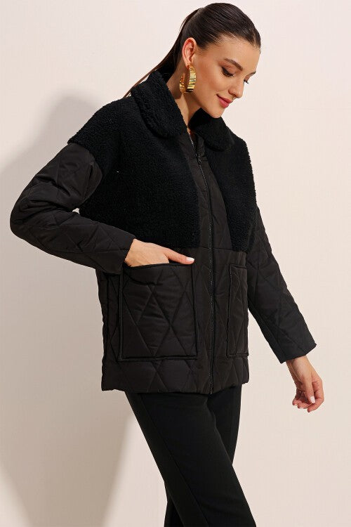 Peluş Detaylı Oversize Şişme Mont - Siyah 5182