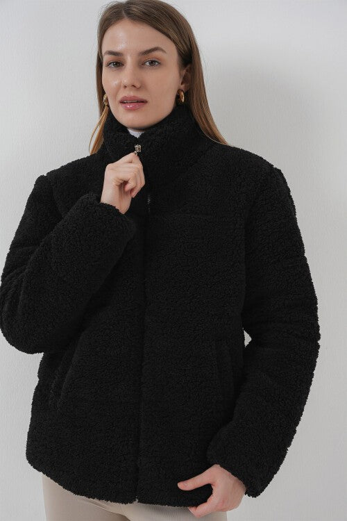 Astarlı Peluş Mont - Siyah 5178