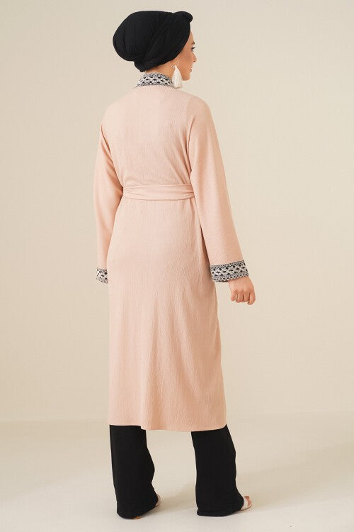 Nakışlı Örme Uzun Kimono - Bisküvi 5865