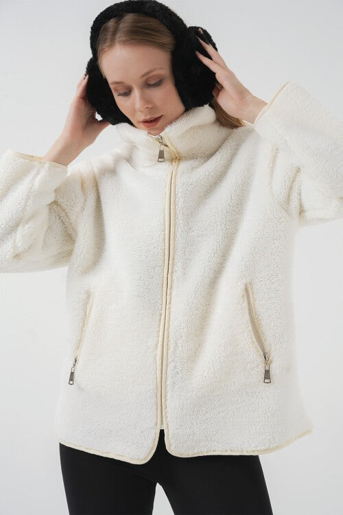 Fermuarlı Peluş Mont - Ekru 5211