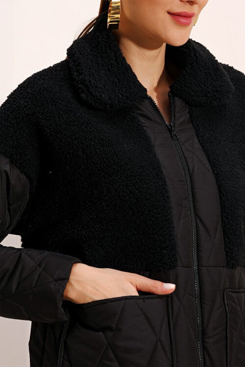 Peluş Detaylı Oversize Şişme Mont - Siyah 5182