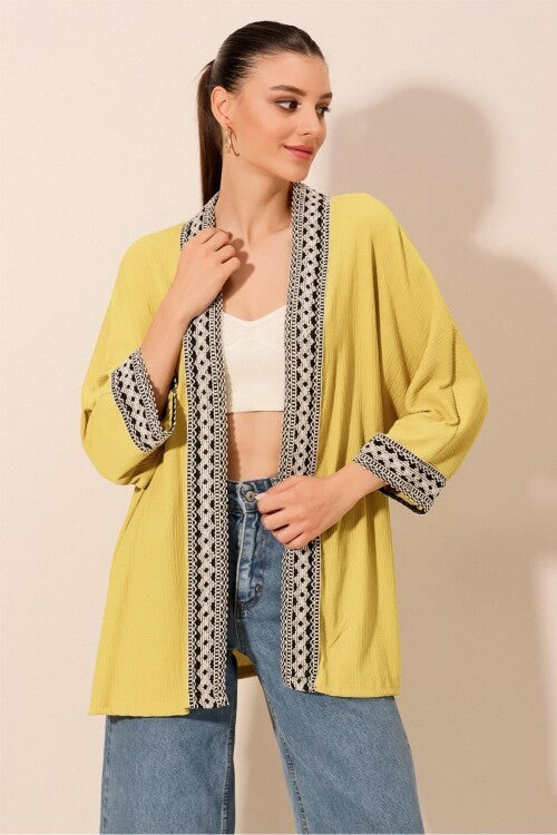 Nakışlı Örme Kimono - A.Sarı 5866