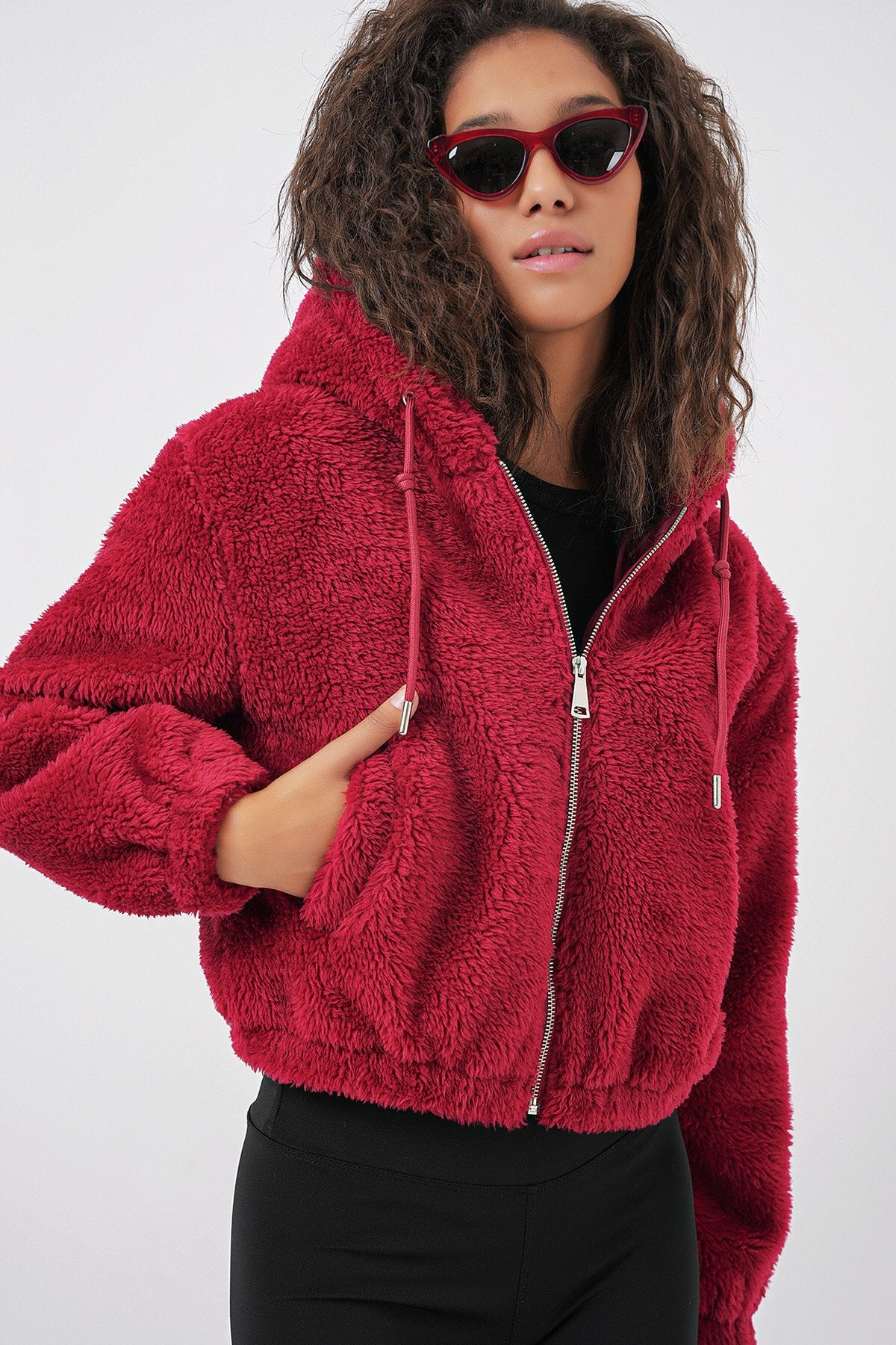 Merterium 5193 Kapüşonlu Peluş Crop Ceket - Bordo