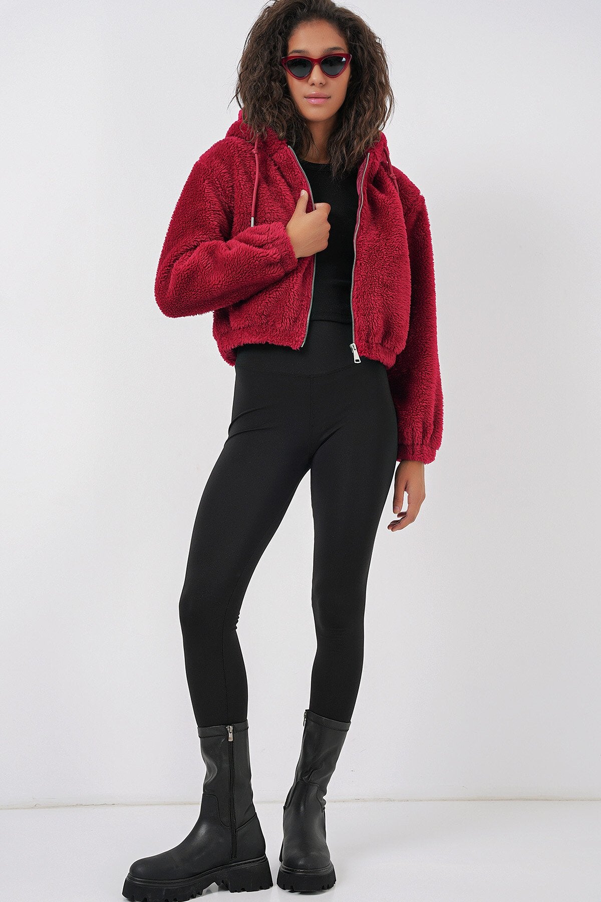 Merterium 5193 Kapüşonlu Peluş Crop Ceket - Bordo
