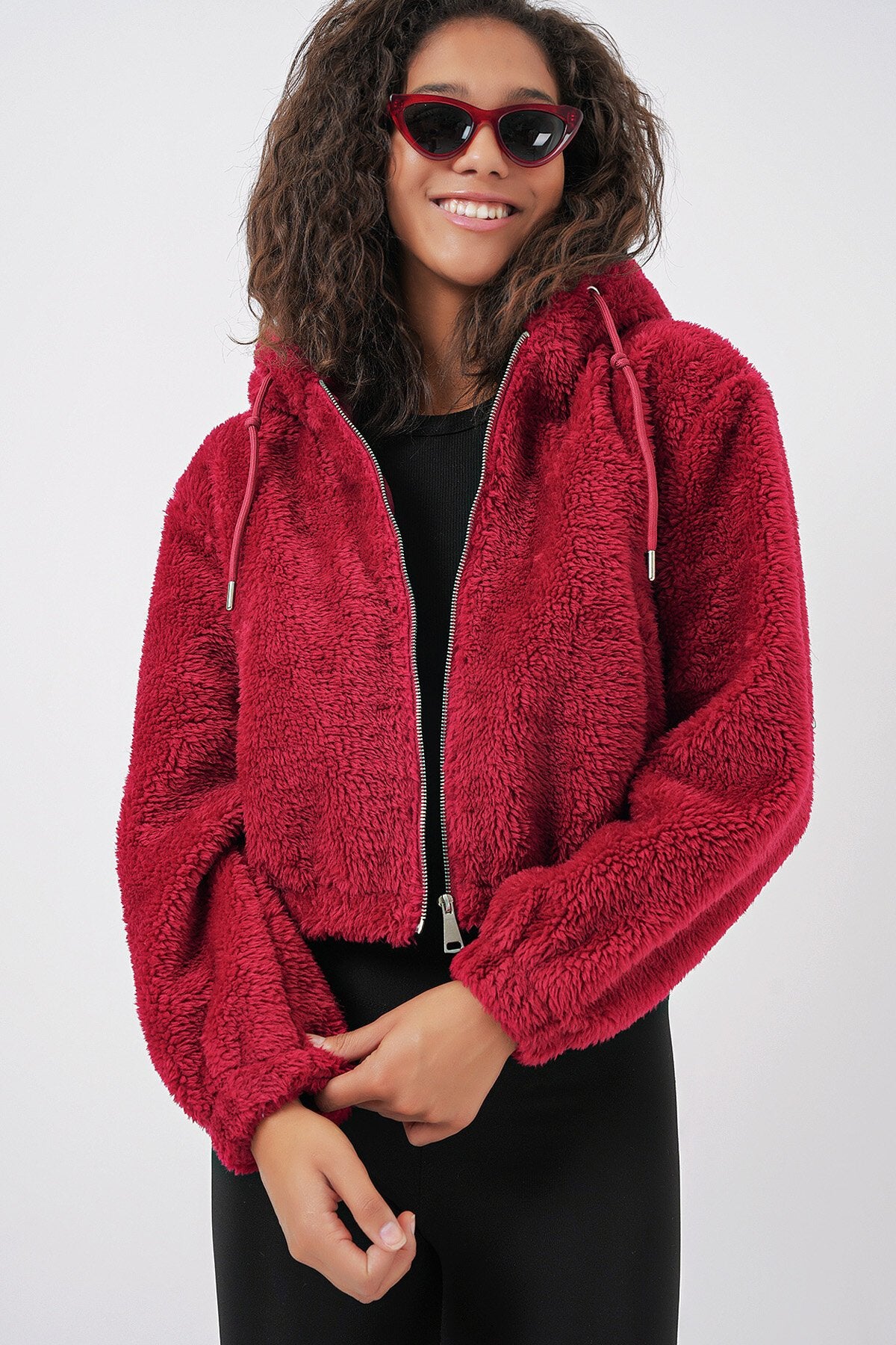 Merterium 5193 Kapüşonlu Peluş Crop Ceket - Bordo
