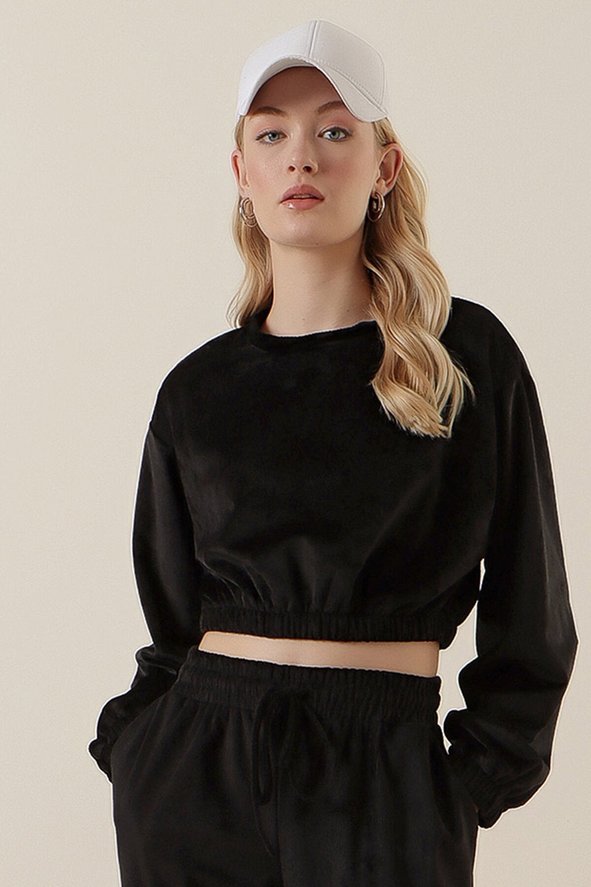 Kadife Crop Bluz - Siyah 55392