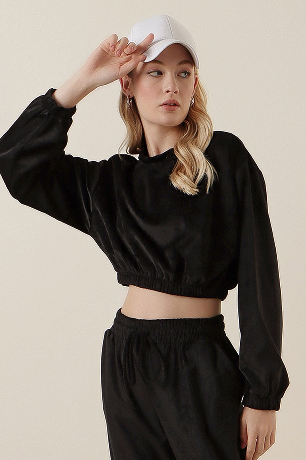 Kadife Crop Bluz - Siyah 55392