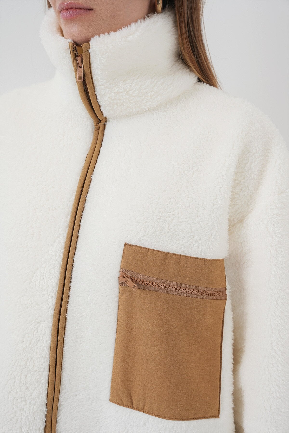 Merterium 55446 Fermuarlı Oversize Peluş Ceket Mont - Camel