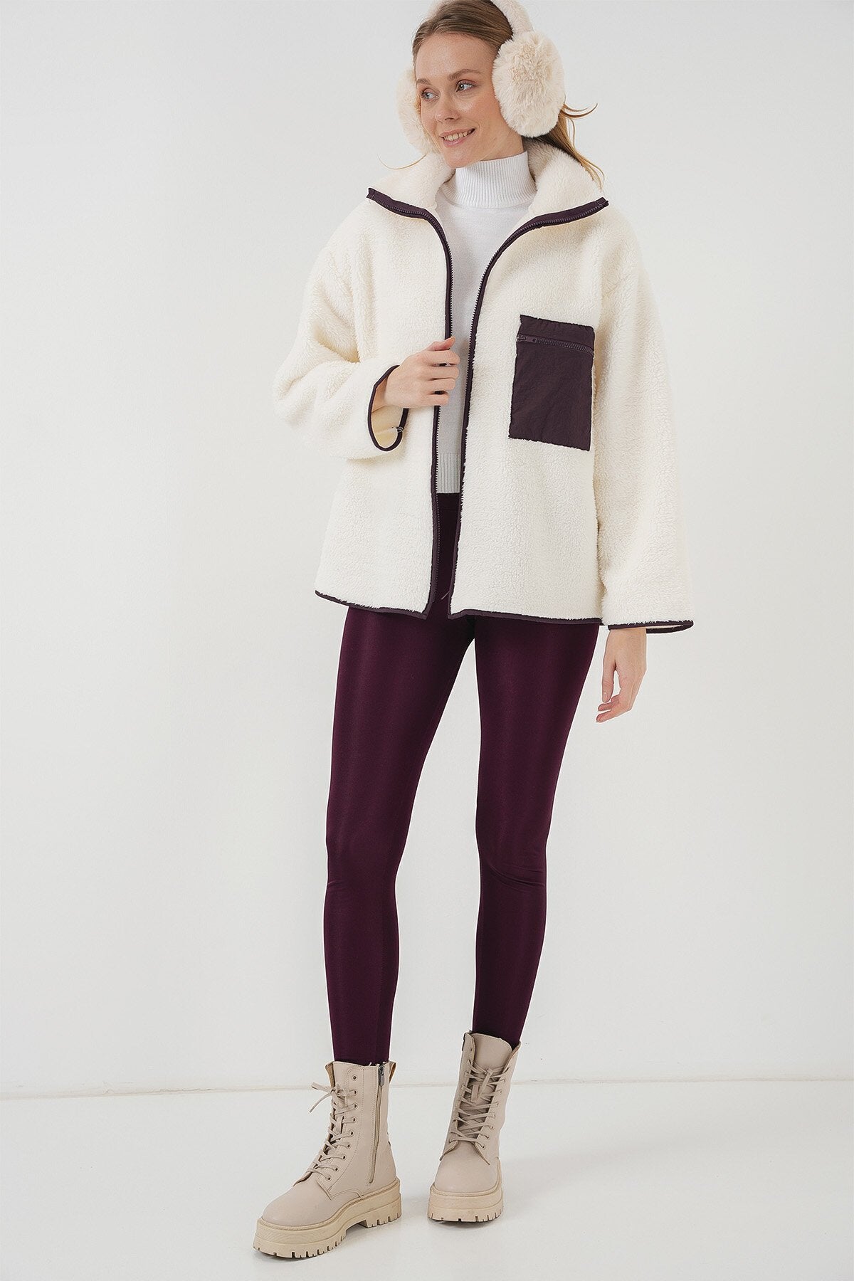 Merterium 55446 Fermuarlı Oversize Peluş Ceket Mont - Mor