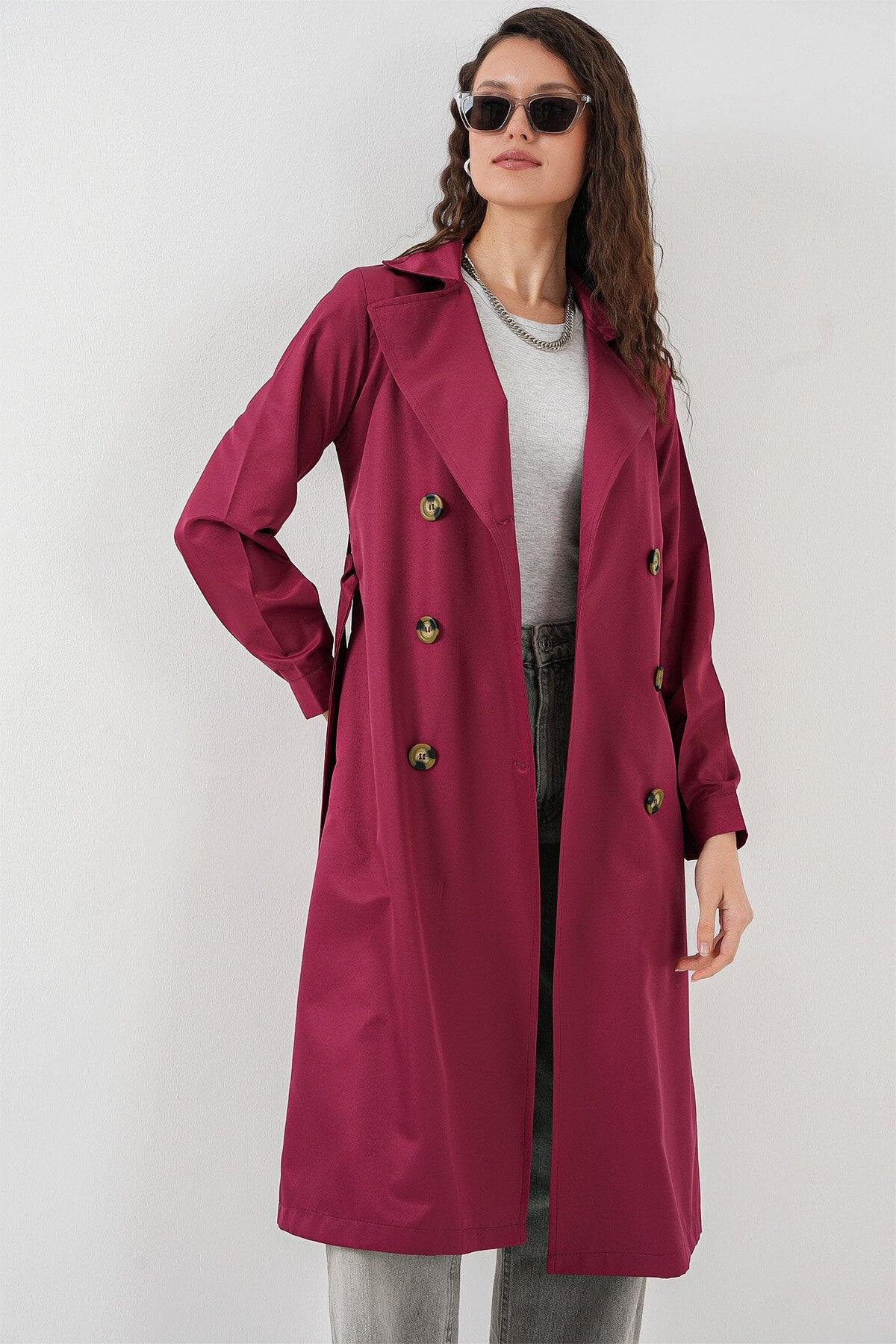 Merterium 5853 Kruvaze Yaka Trençkot - Bordo