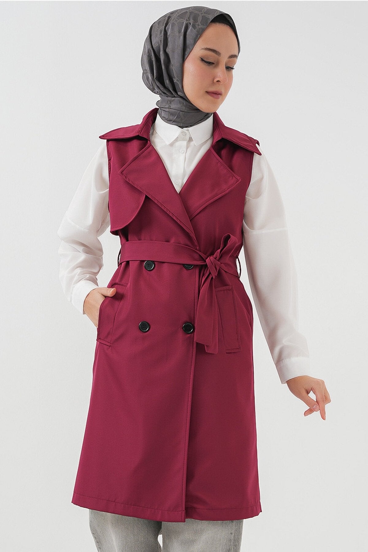 Merterium 5911 Kruvaze Yaka Trençkot Yelek - Bordo