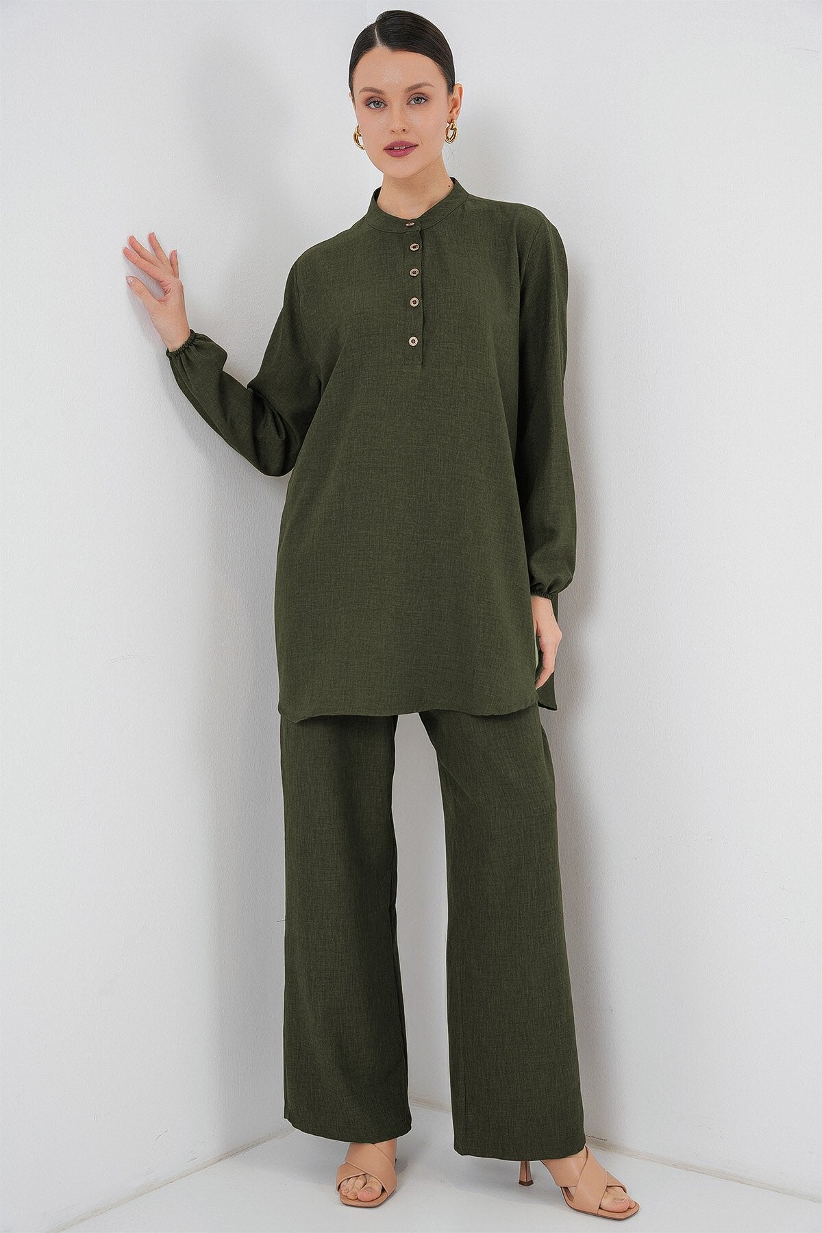 Merterium 6678 Keten Tunik Pantolon İkili Takım - Haki