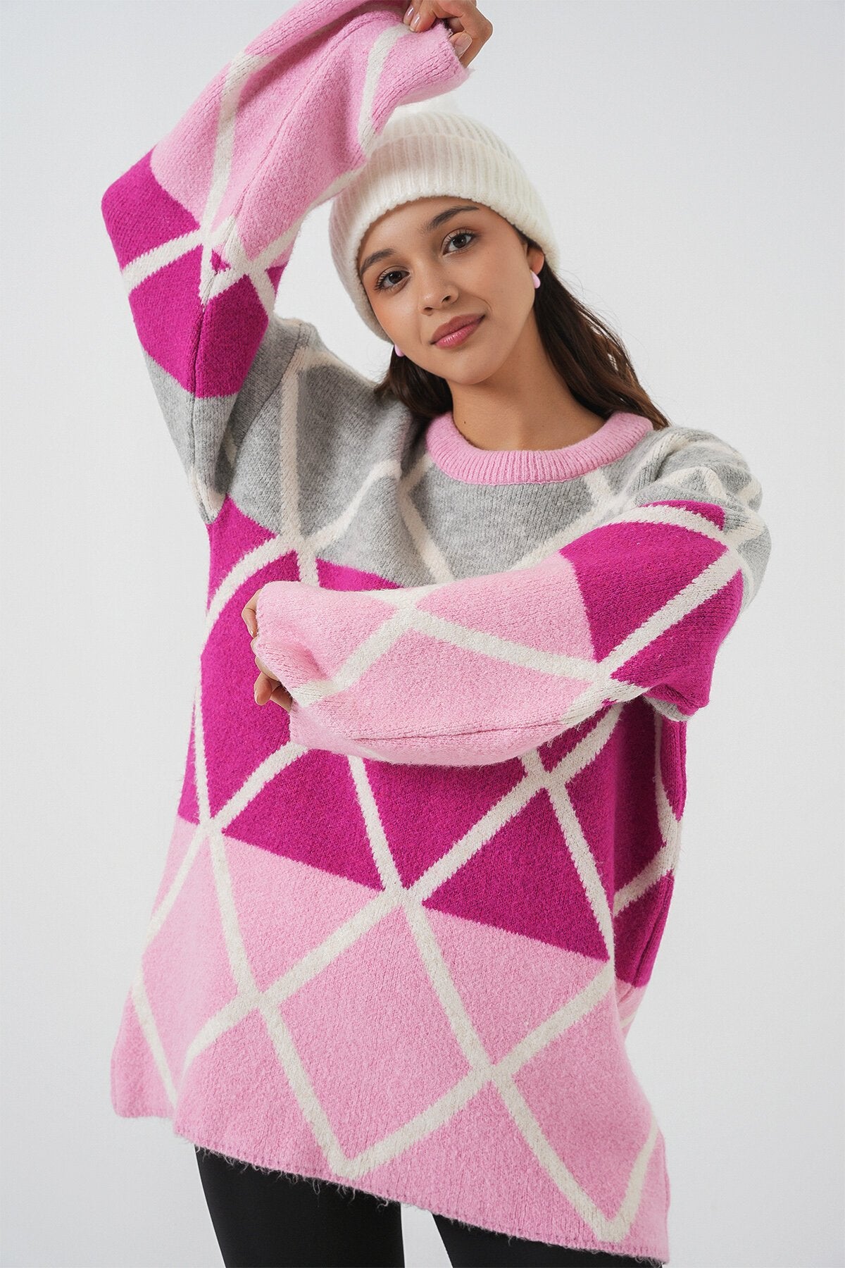 Kadın Baklava Desenli Oversize Uzun Kazak 15931 - Pembe