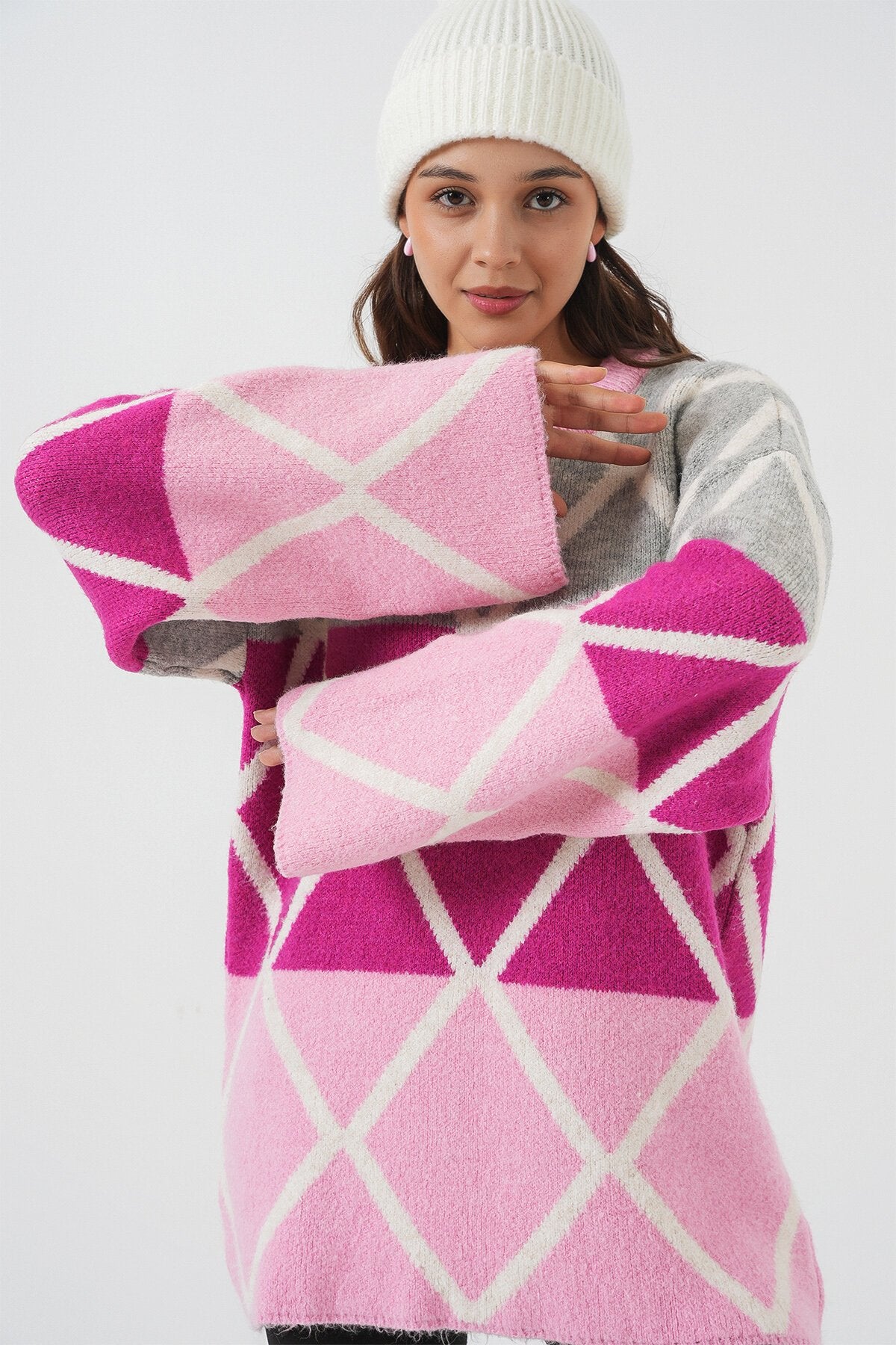 Kadın Baklava Desenli Oversize Uzun Kazak 15931 - Pembe