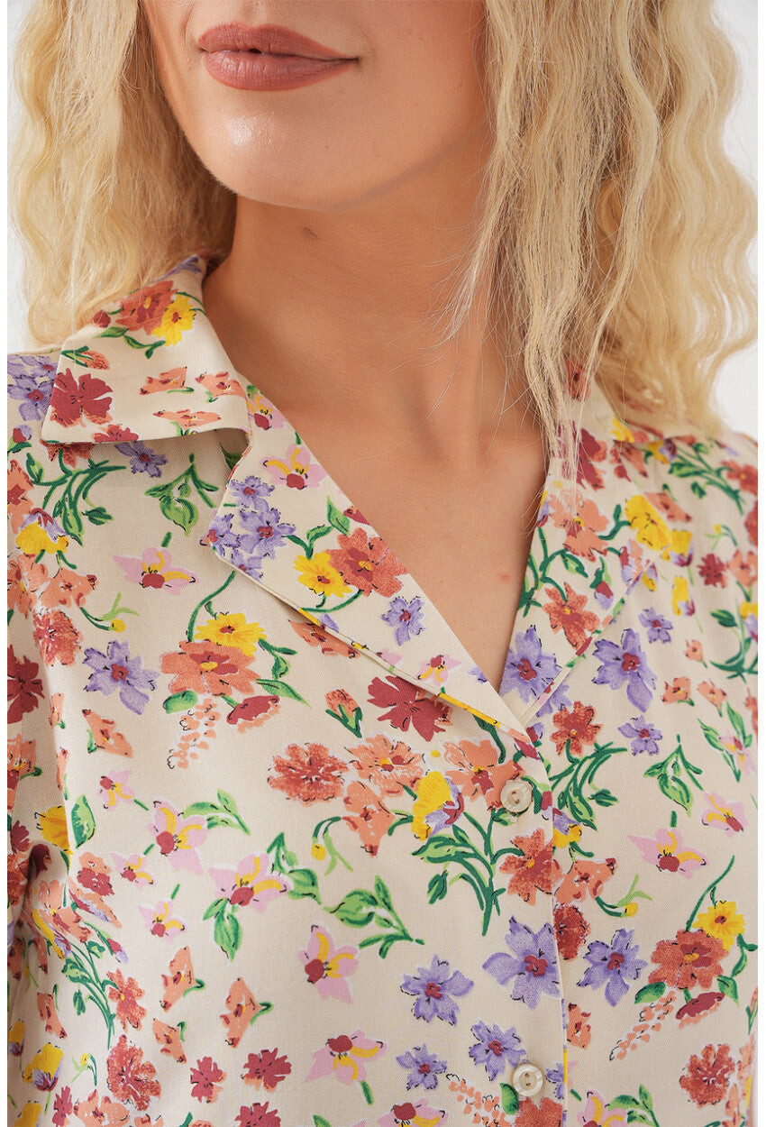 Kadın Boydan Düğmeli Kısa Kol Çiçekli Elbise 2561