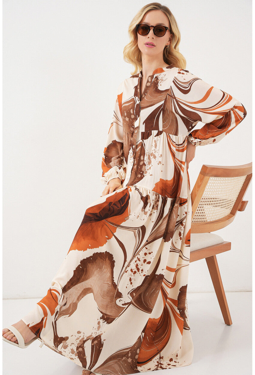 Kadın Desenli Uzun Tesettür Elbise 2585