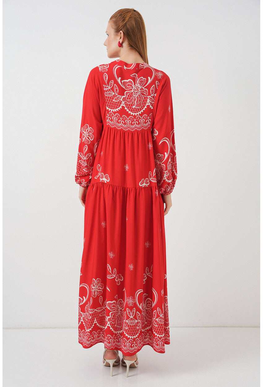 Kadın Desenli Uzun Tesettür Elbise 2585