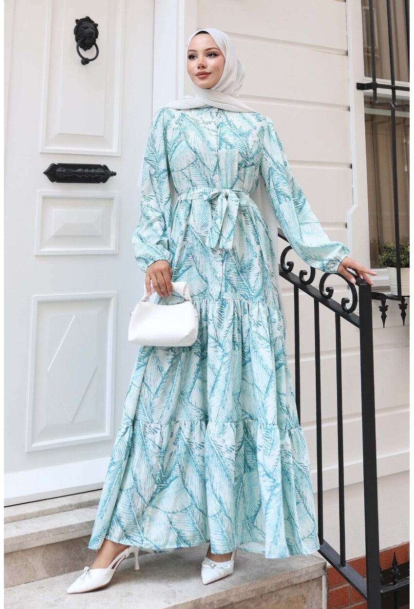Kadın Desenli Uzun Tesettür Elbise 2586