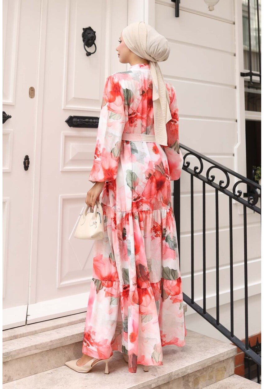 Kadın Desenli Uzun Tesettür Elbise 2586