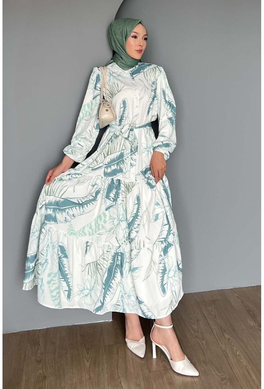 Kadın Desenli Uzun Tesettür Elbise 2586