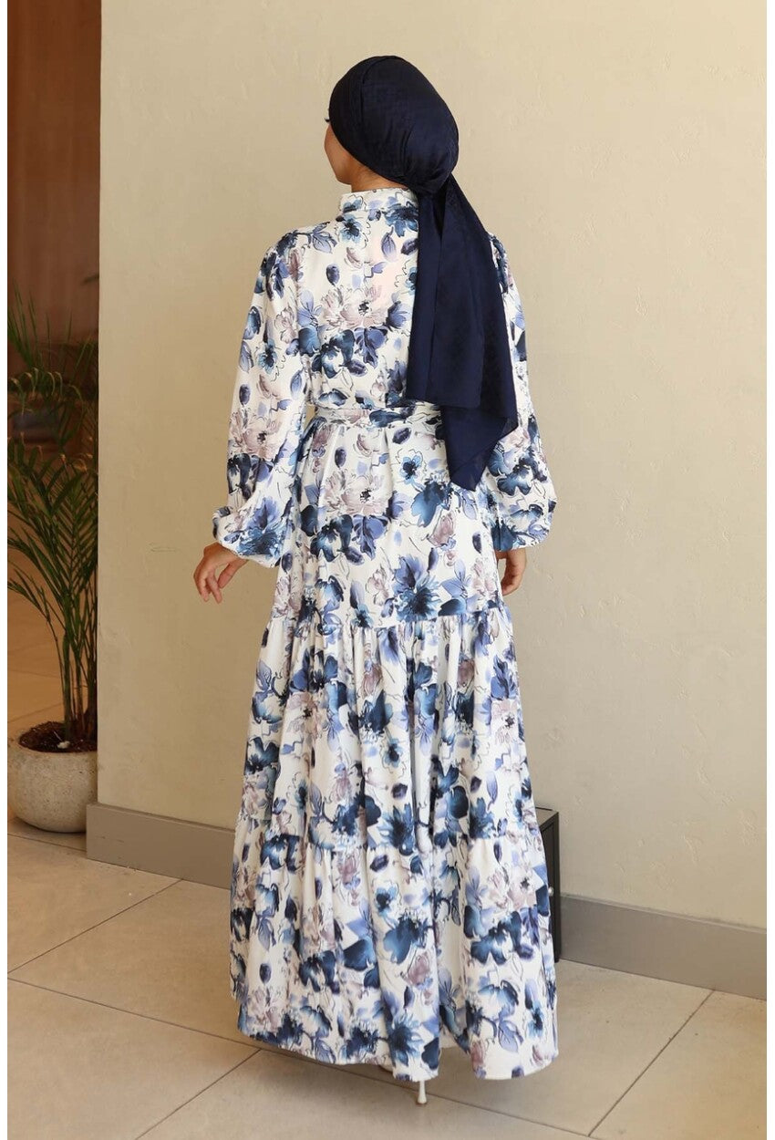 Kadın Desenli Uzun Tesettür Elbise 2586
