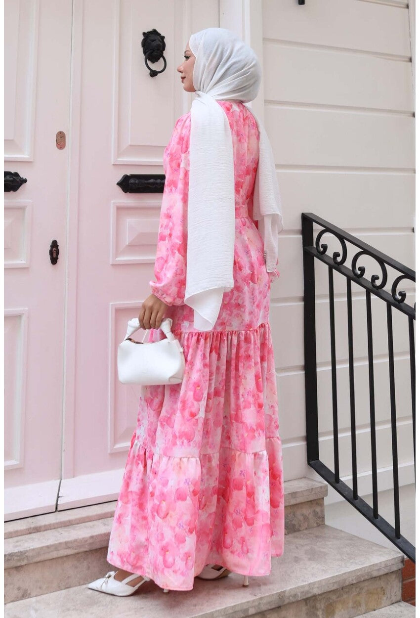 Kadın Desenli Uzun Tesettür Elbise 2586