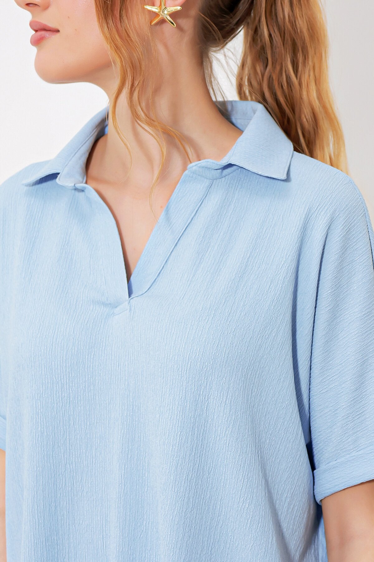 Kadın Mavi Oversize Polo Yaka Örme Bluz 0486