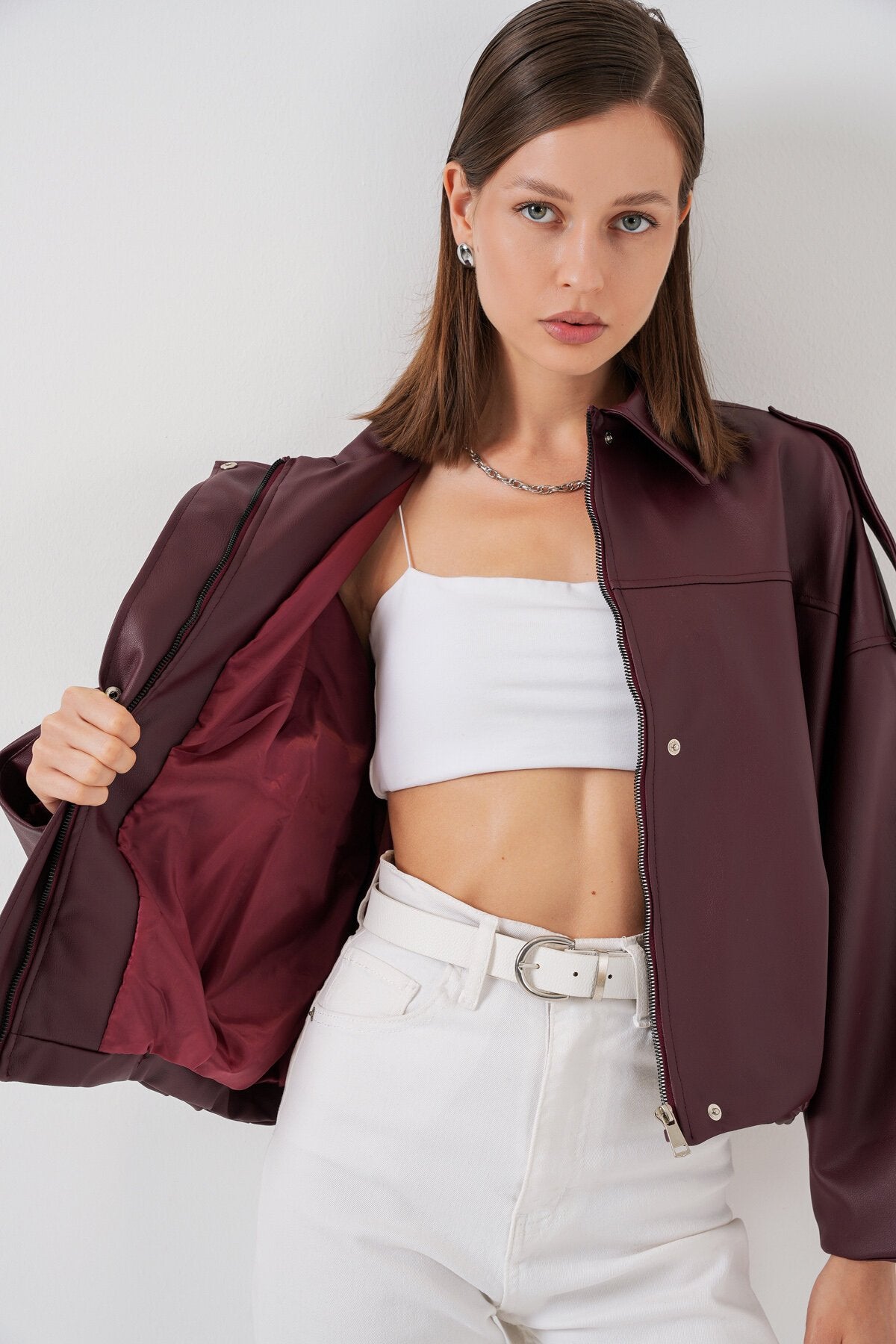 Kadın Oversize Deri Ceket 1055 - Bordo