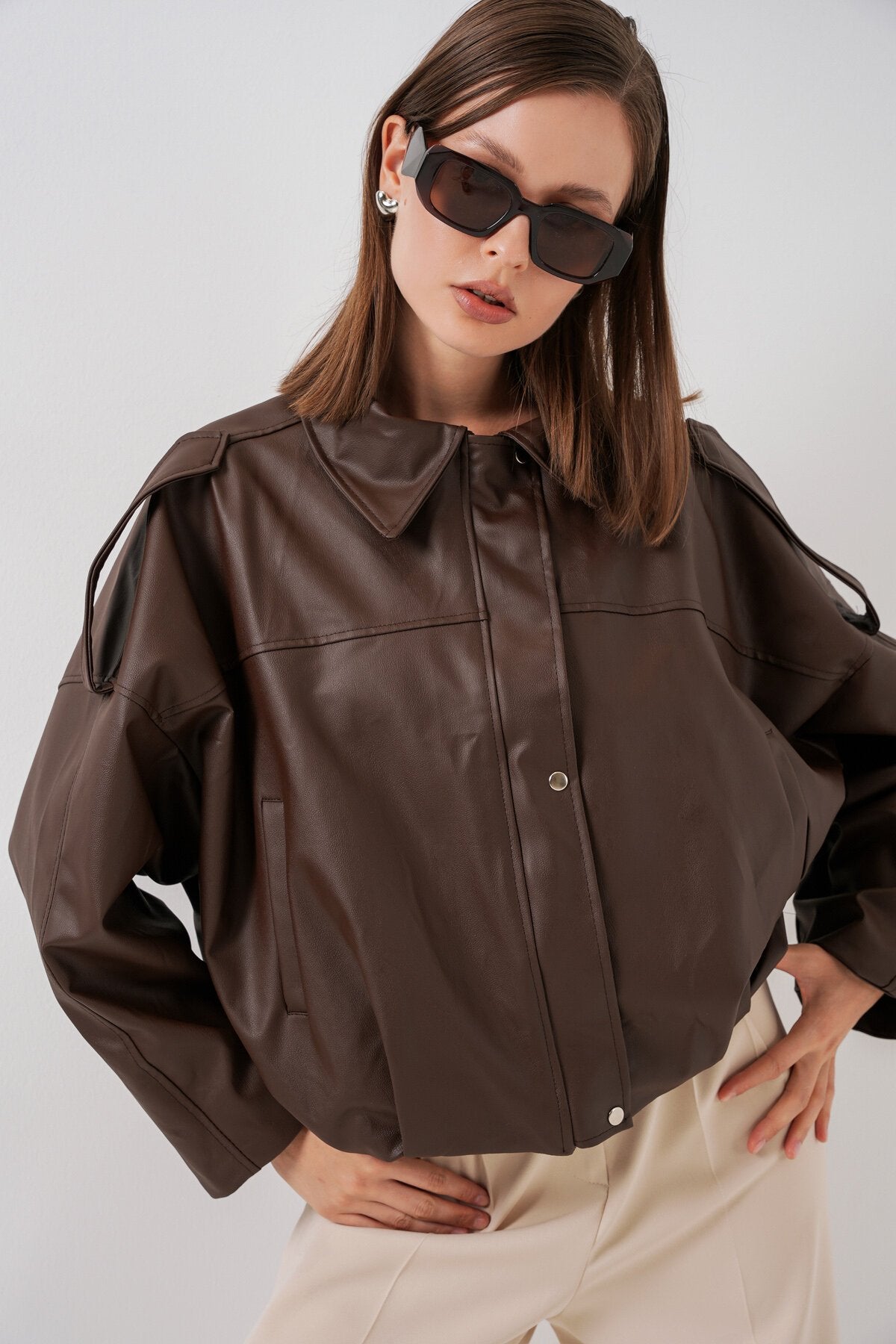 Kadın Oversize Deri Ceket 1055 - Kahverengi