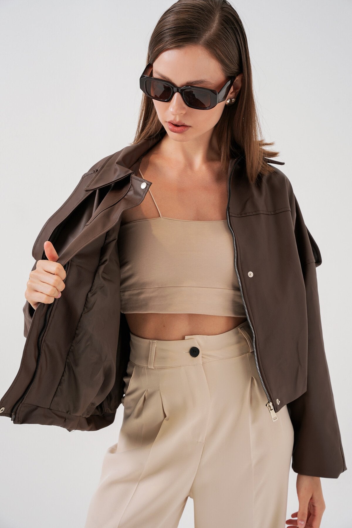Kadın Oversize Deri Ceket 1055 - Kahverengi