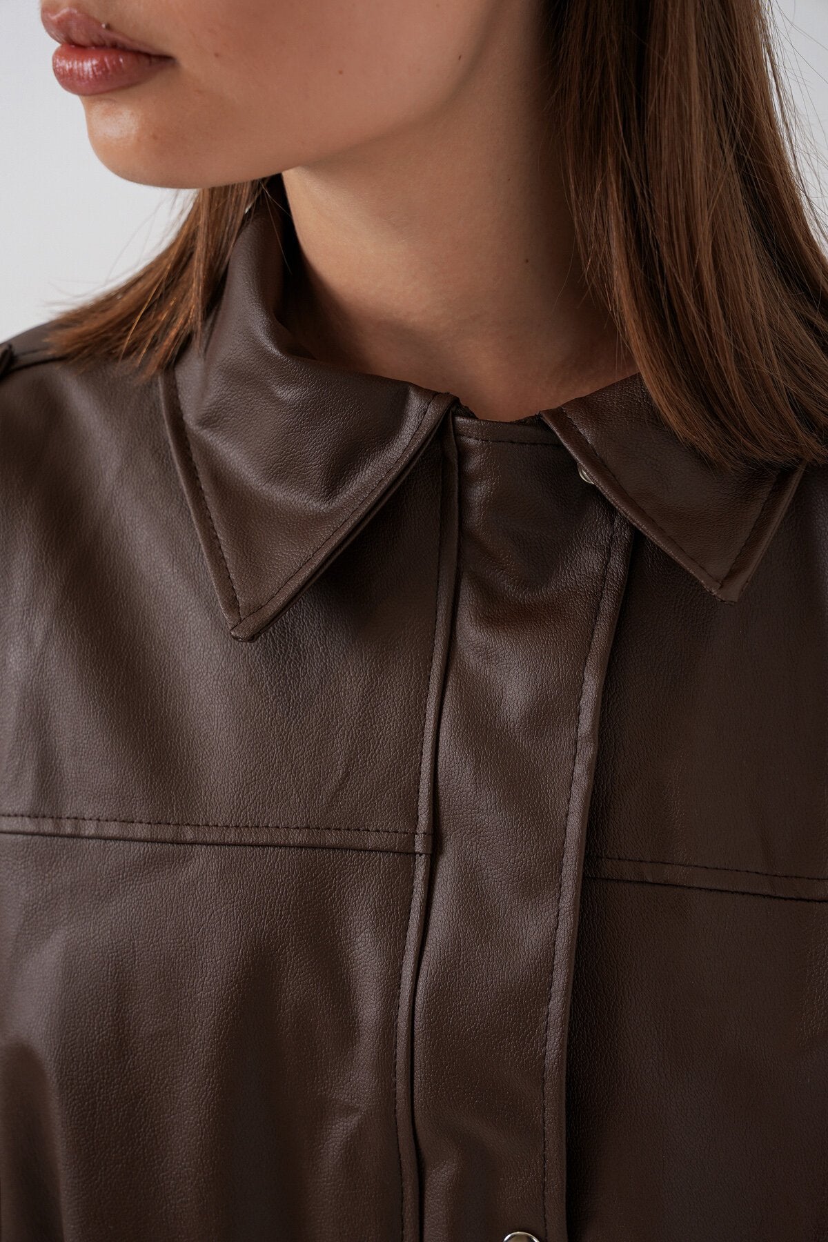Kadın Oversize Deri Ceket 1055 - Kahverengi